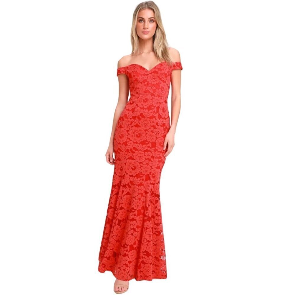 Lulus Swept Up Red Lace Sweetheart Size S Off-The-Shoulder‎ Mermaid Maxi Dress